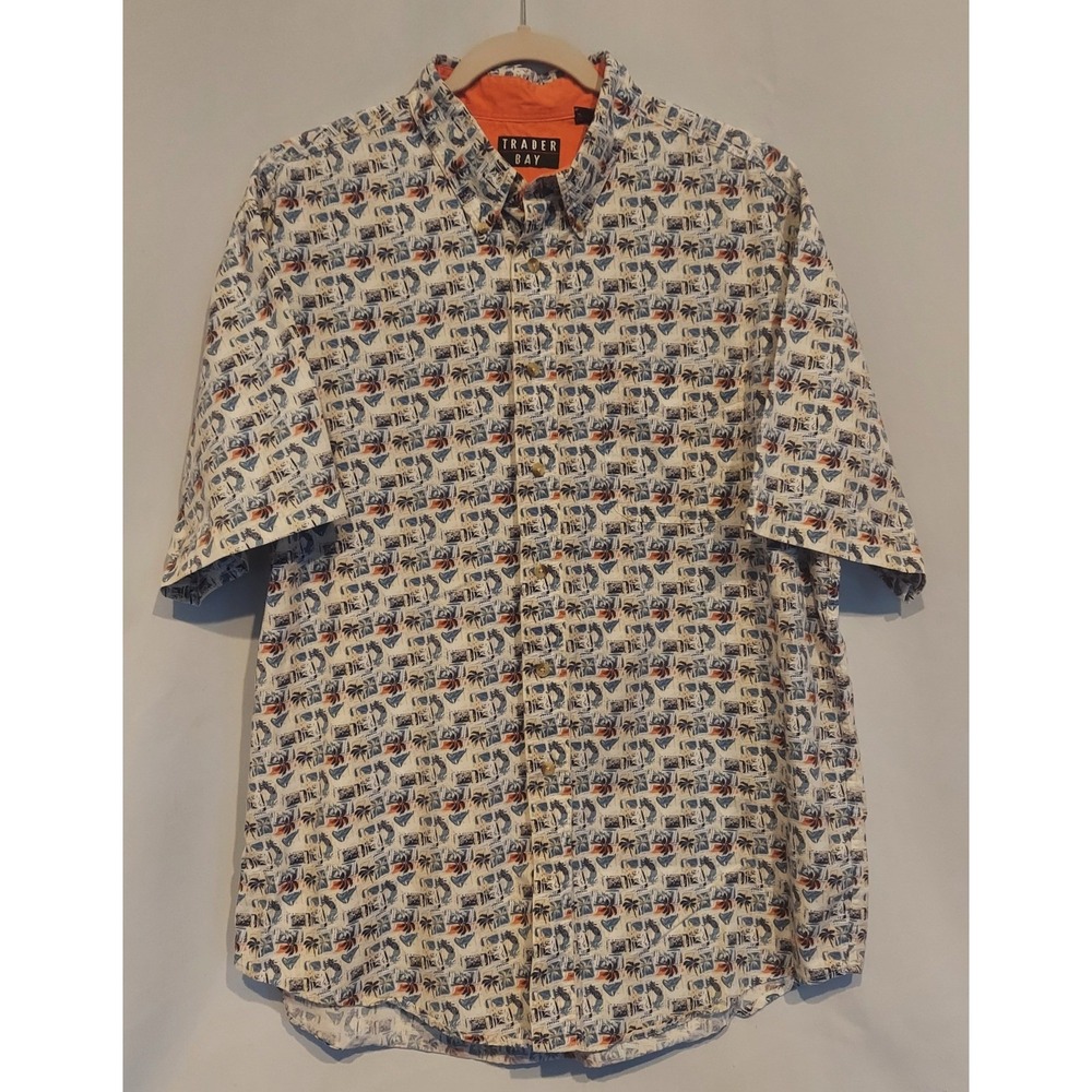 Trader Bay Mens Tropical Stamps Pattern‎ SS Button-Up Casual Shirt Size Large